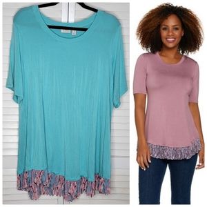LOGO Knit Top w/Printed Chiffon Pleated Hem Blue/Pink PLUS 2X EUC A275784